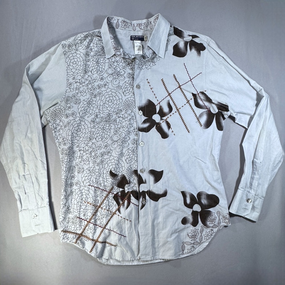 Guess Mens Large Light Blue Floral Embroidered Cotton Shirt X441C280 Vintage